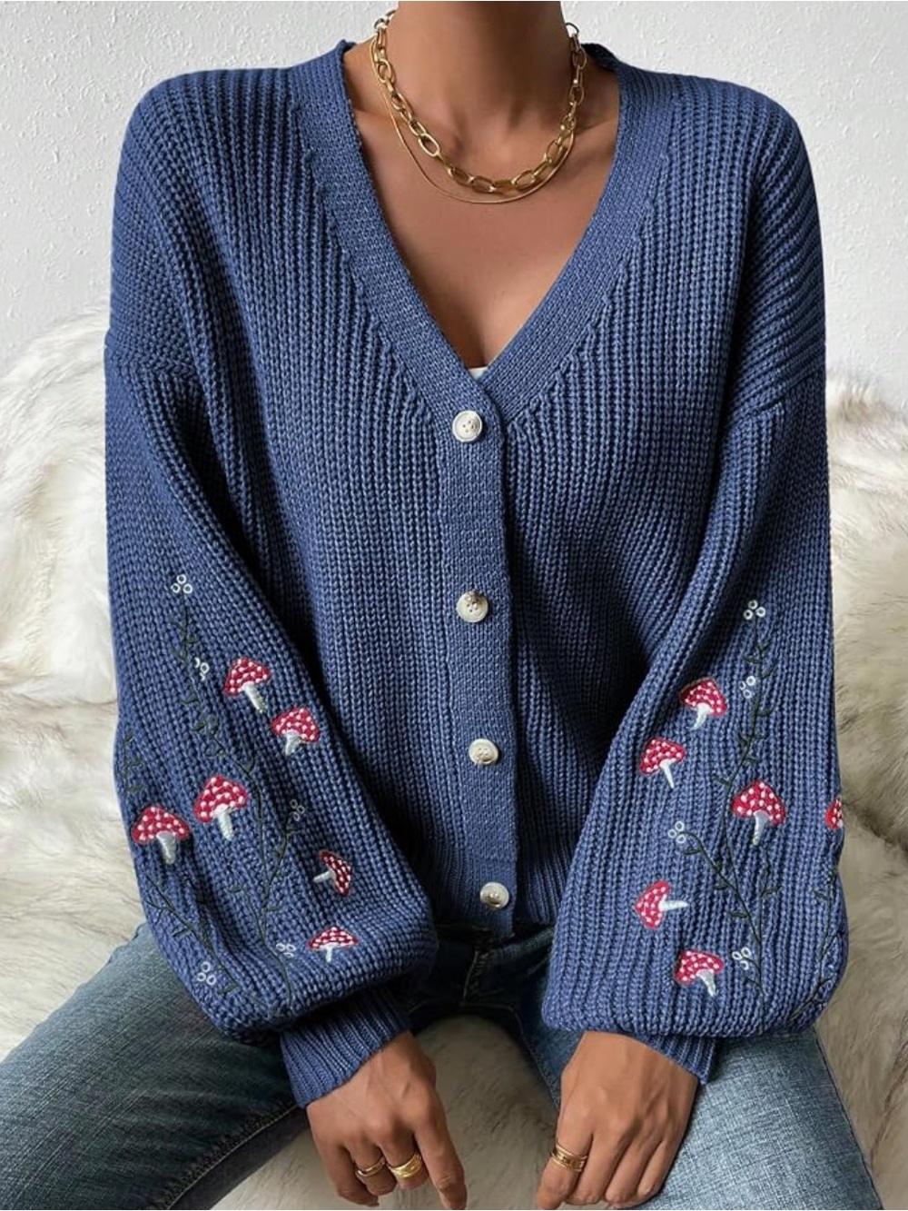 Blue V-Neck Embroidered Mushroom Cardigan Sweater